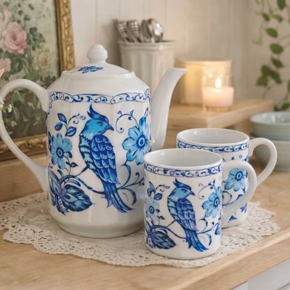 Vintage Japan Blue White Bird Floral Teapot & Cups Cottagecore